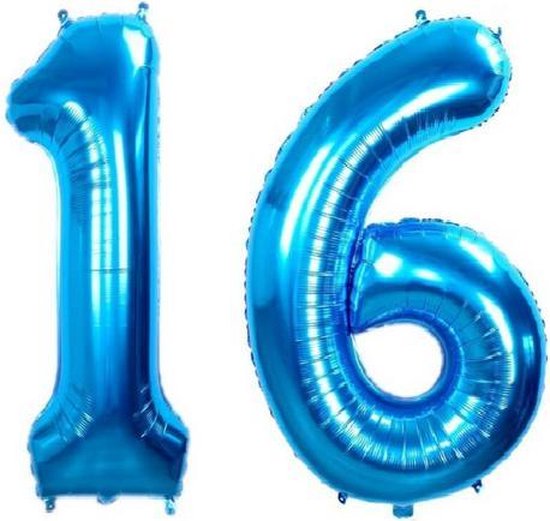 16 Jaar Folie Ballonnen Blauw - Happy Birthday - Foil Balloon - Versiering - Verjaardag - Jongen / Meisje - Feest - Inclusief Opblaas Stokje & Clip - XXL - 115 cm