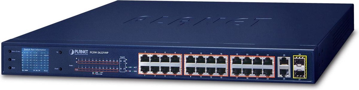 PLANET FGSW-2622VHP netwerk-switch Unmanaged L2 Fast Ethernet (10/100) Power over Ethernet (PoE) 1U Blauw