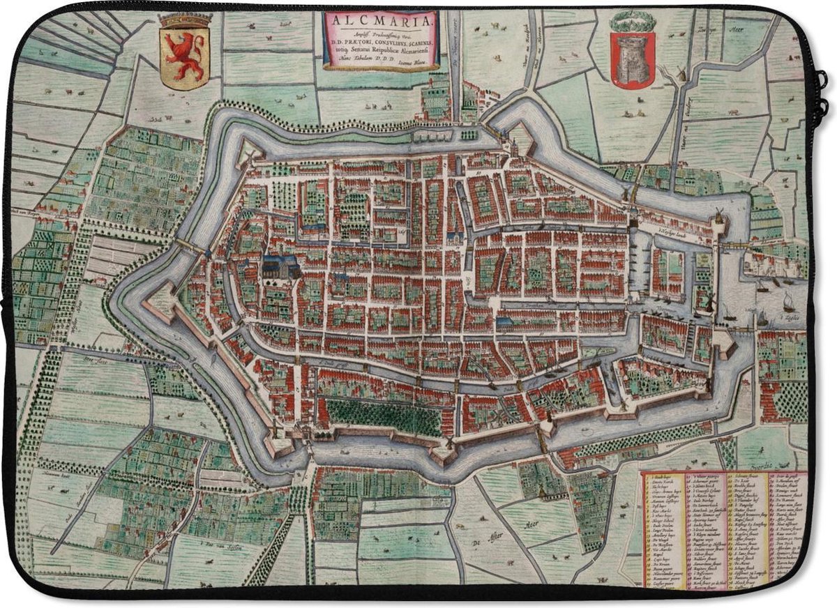 Laptophoes 14 inch - Plattegrond - Vintage - Alkmaar - Laptop sleeve - Binnenmaat 33x23 cm - Zwarte achterkant - Stadskaart