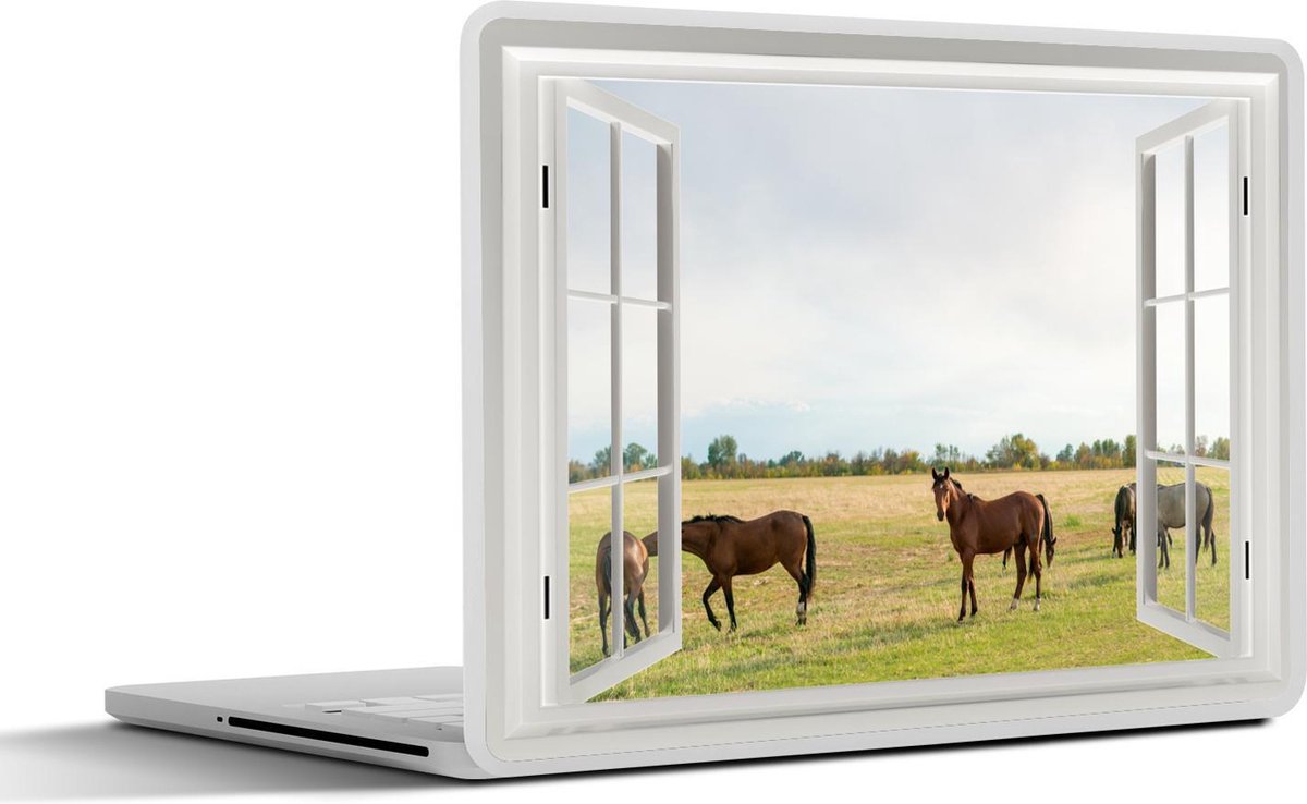 Laptop sticker - 14 inch - Doorkijk - Paarden - Gras - 32x5x23x5cm - Laptopstickers - Laptop skin - Cover