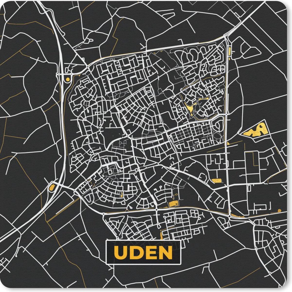Muismat 20x20 cm - Mousepad Plattegrond - Uden - Goud - Zwart - Muismatten - Stadskaart