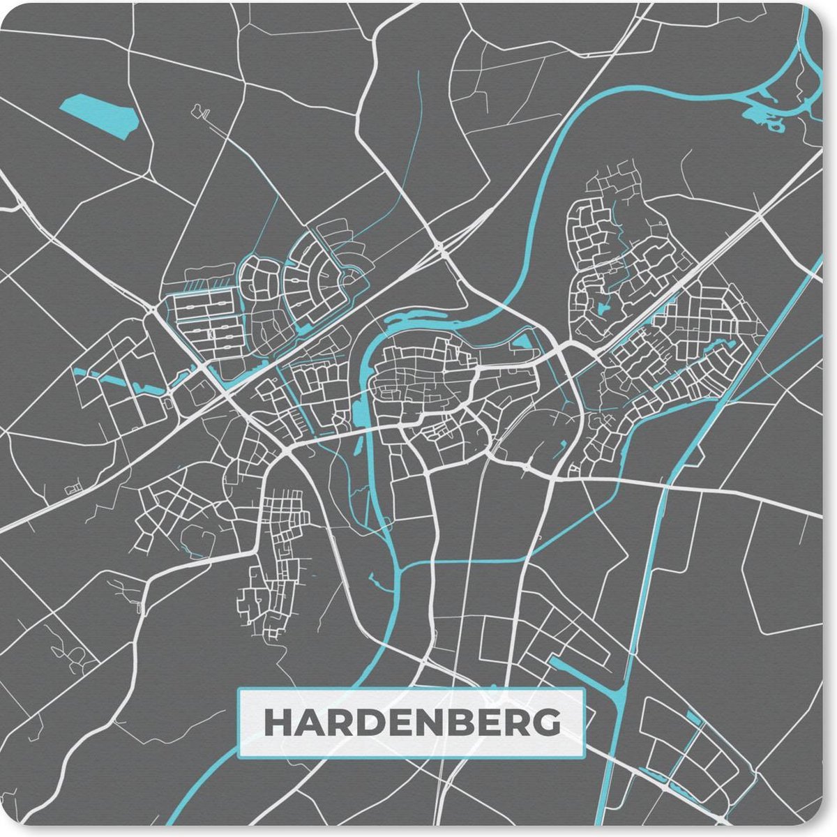 Muismat 20x20 cm - Mousepad Plattegrond - Hardenberg - Grijs - Blauw - Muismatten - Stadskaart