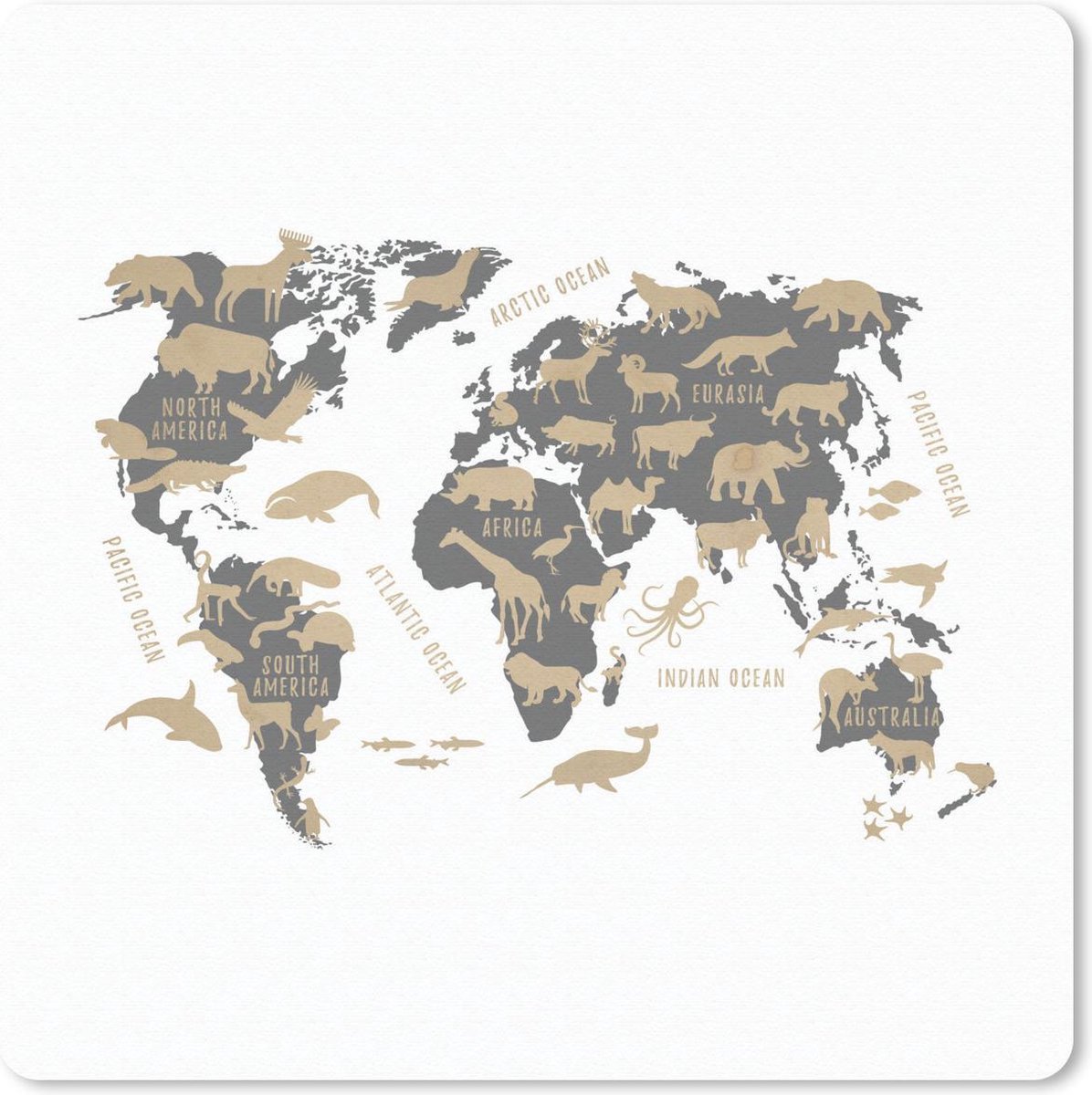 Muismat 20x20 cm - Mousepad Wereldkaart Kinderen - Bruin - Dieren - Muismatten