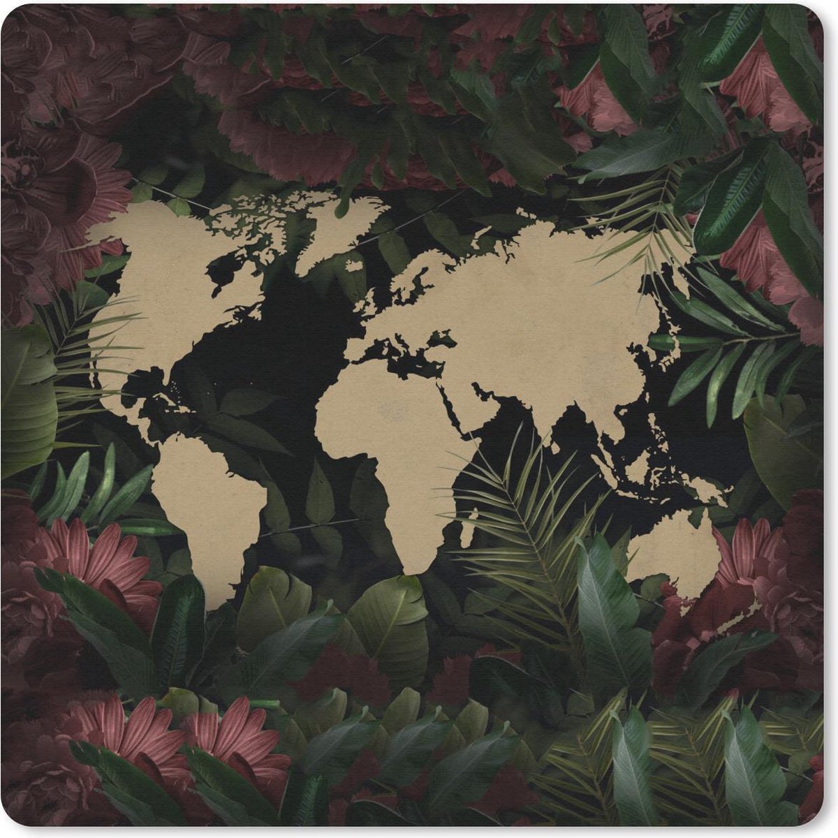 Muismat 20x20 cm - Mousepad Wereldkaart - Bloemen - Roze - Muismatten