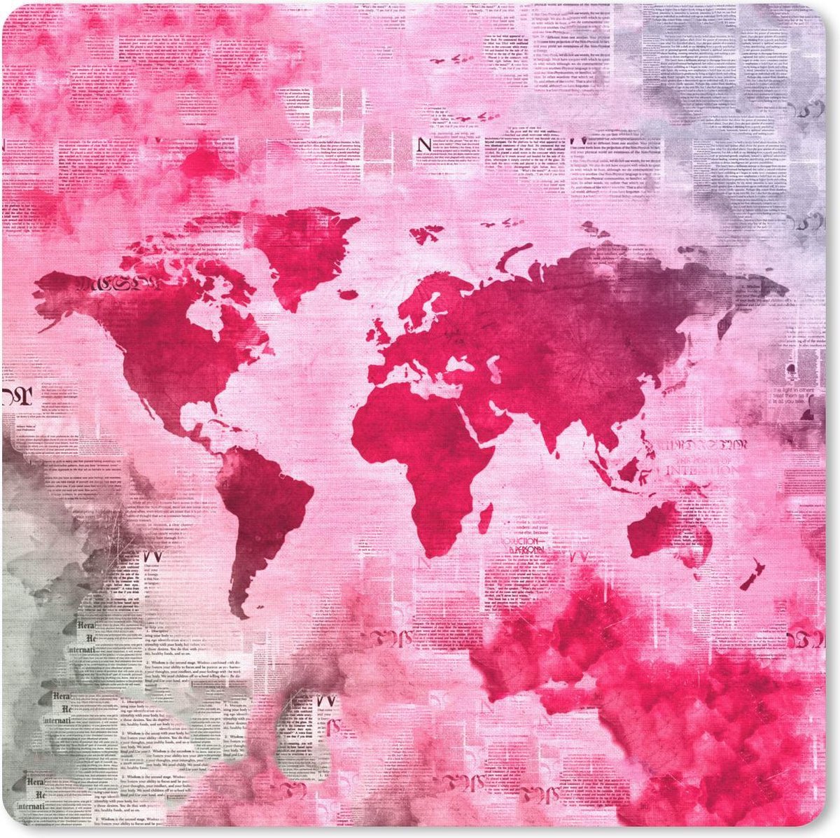Muismat 20x20 cm - Mousepad Wereldkaart - Kranten - Roze - Muismatten