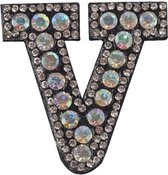 Strass Applicatie Alfabet Letter - 4,5 CM hoog - A t/m Z - Letter V - Zwart met witte stenen - Niet strijkbaar