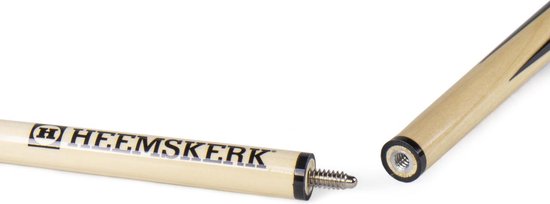 Close-up van tweedelige poolkeu met Heemskerk logo en koppelingsschroef.