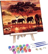 Rubye® Schilderen Op Nummer Volwassenen – Olifanten Familie – Inclusief Penselen – Canvas Schildersdoek – Kleuren op Nummer – 40x50cm