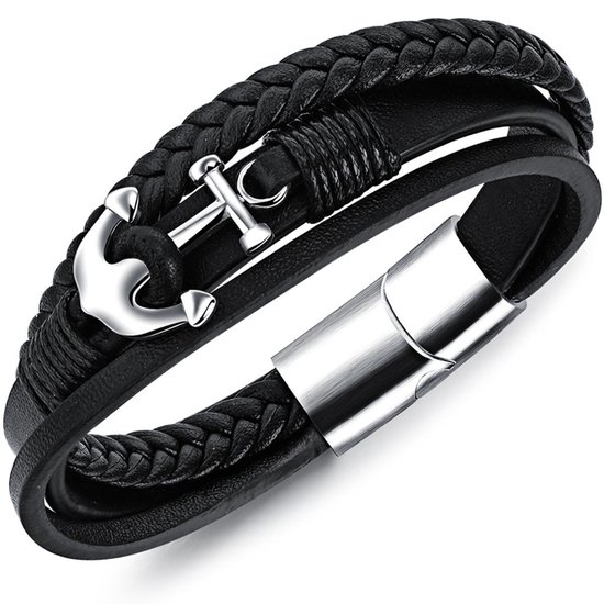 Victorious Leren Armband Heren – RVS Roestvrij Staal Sluiting – Zilveren Anker – Zwart – 22cm