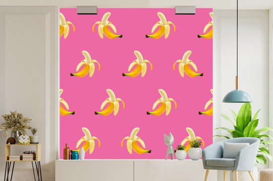 Behang - Fotobehang Banaan - Patroon - Roze - Breedte 350 cm x hoogte 350 cm