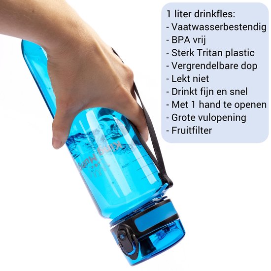 Waterfles 1 Liter Vaatwasserbestendig - Lekvrije 1L Drinkfles - Volwassenen & Kinderen - Sport Bidon Drinkbus - Blauw - King Mungo