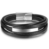 Victorious Leren Armband Heren – Zwarte Stroken Leer & Zilveren Elementen – Zilver/Zwart – 21cm