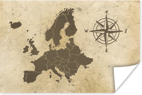 Poster Kaart - Europa - Kompas - 180x120 cm XXL