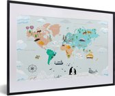 Wereldkaart Kinderen - Symbolen - Kompas - Schoolplaat - Kinderkamer - 60x40 cm