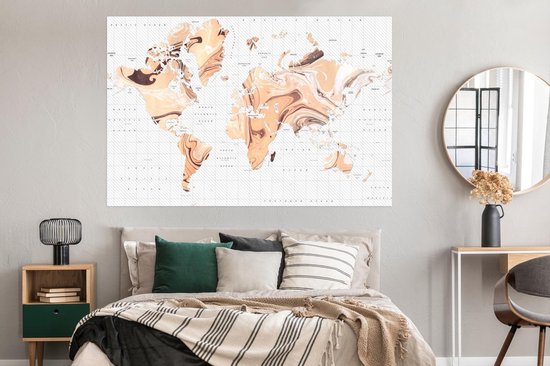 Wereldkaart d'un élégant motif couleur sable sur fond avec degrés de longitude et de latitude 180x120 cm