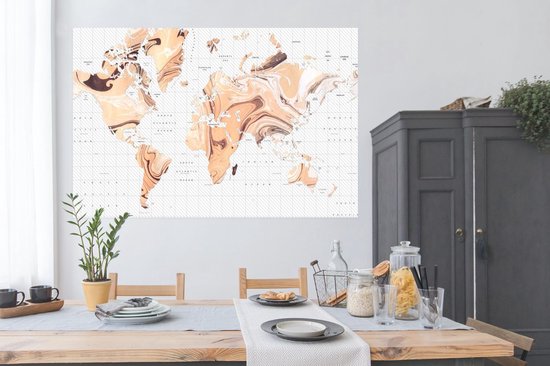 Wereldkaart d'un élégant motif couleur sable sur fond avec degrés de longitude et de latitude 180x120 cm