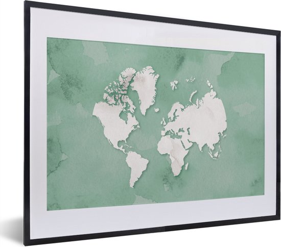 Fotolijst incl. Poster - Wereldkaart - Groen - Waterverf - 40x30 cm - Posterlijst