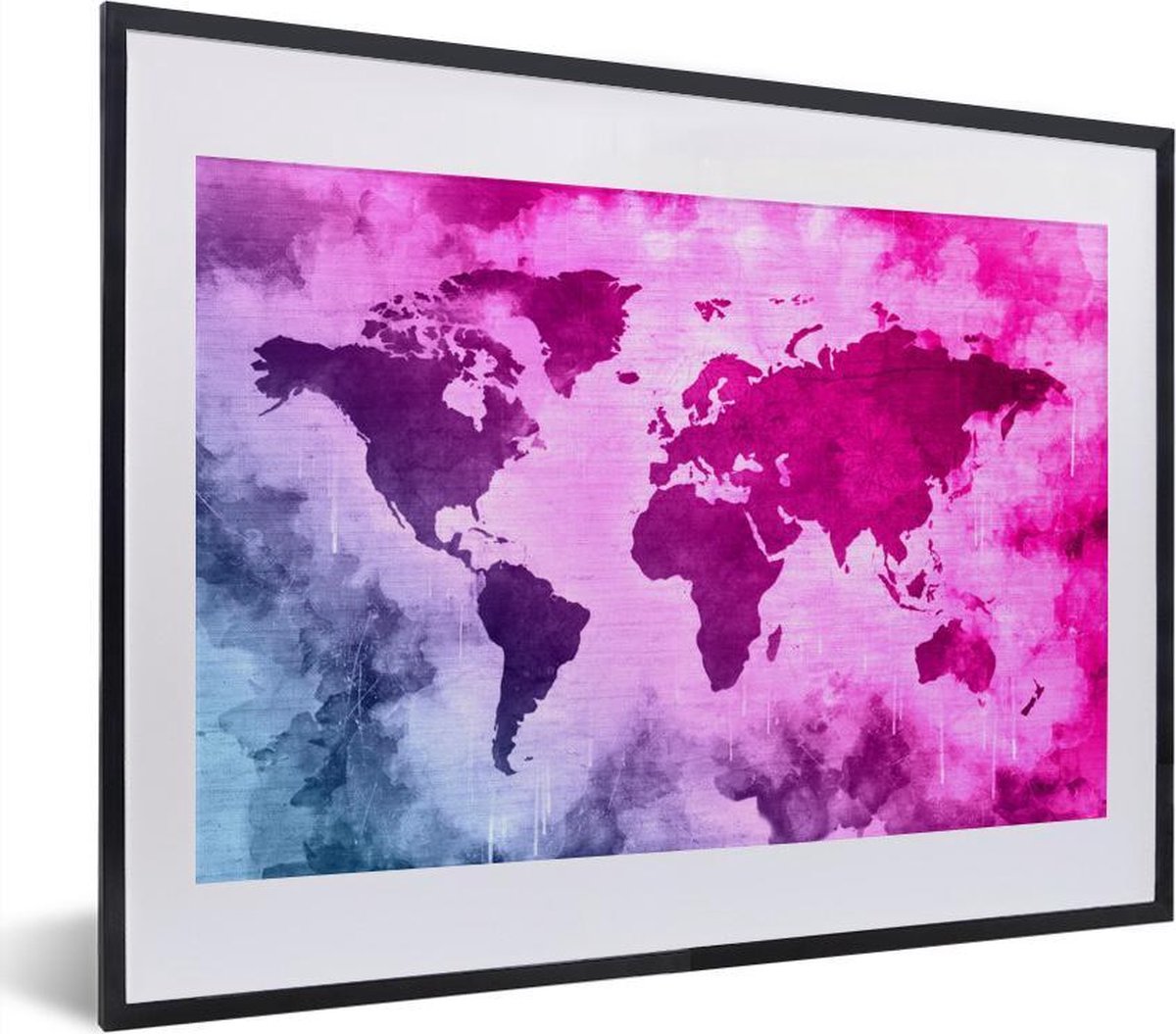 Afbeelding van product PosterMonkey  Poster met lijst Wereldkaart - Blauw - Roze - 40x30 cm