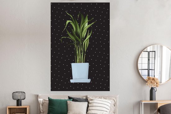 Illustration d'une plant aux longues feuilles fines sur fond noir à pois blancs 120x180 cm XXL / Groot format!