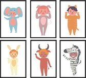 Kinderkamer Poster - Poster Feestje Baby Zebra, Olifant, Konijn, Poes, Stier En Haas / Kinderkamer / Dieren Poster / Babykamer - Kinderposter / Babyshower Cadeau / Muurdecoratie / 30 X 21cm / A4