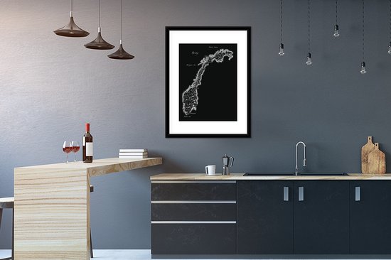 Photo encadrée - Carte Zwart et blanc des montagnes et plans d'eau en Norvège Cadre photo 60x80 cm - Affiche encadrée (Décoration murale salon / chambre)