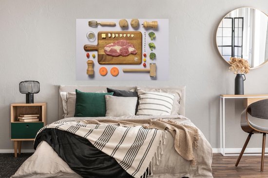 Gegrild rundvlees op een snijplank poster 120x80 cm - Foto print op Poster (wanddecoratie woonkamer / slaapkamer)