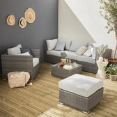 Premium loungeset rond gevlochten wicker – VINCI – Grijs gemêleerd wicker, lichtgrijs kussens, 5 plaatsen, high-end