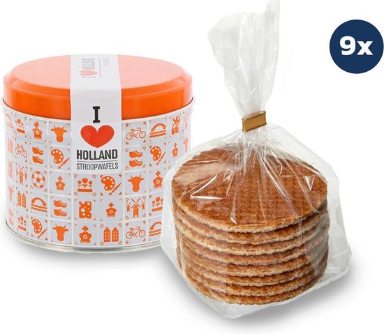Daelmans Karamel Stroopwafels in Oranje blik - Doos met 9 blikken - 230 gram per blik - 8 Stroopwafels per blik (72 Koeken )