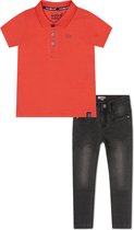 Koko Noko BIO Basics Set(2delig) Jeans NOX BLACK en Polo Neon coral - Maat 110/116