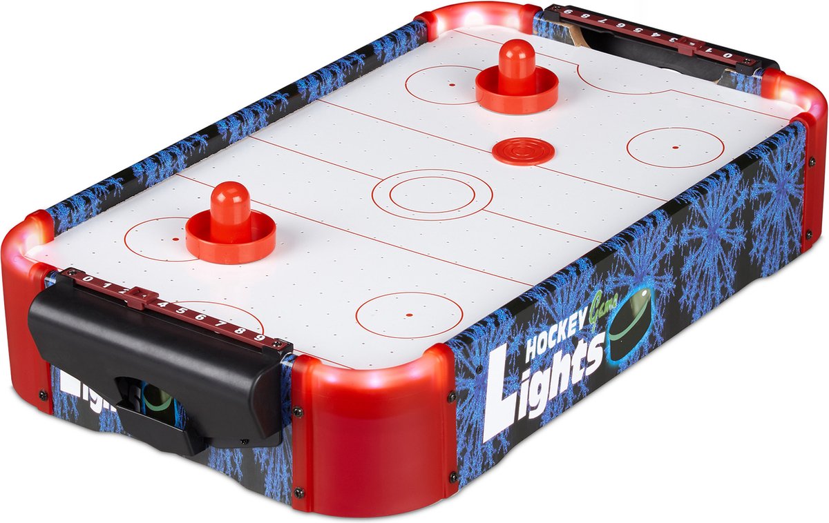 Relaxdays mini airhockey led airhockeytafel tafelmodel met rode leds hockey