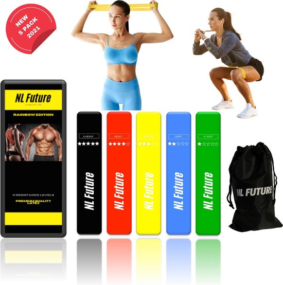 NL Future – Geel - Vernieuwde Weerstandsbanden Set Hoge Kwaliteit – 5 Resistance bands – Booty Bands met Gratis Draagtas en Oefeningen - Fitness - Yoga - Healthy - Fitness Banden - Thuis sport – Man Vrouw Jongen Meisje Trans