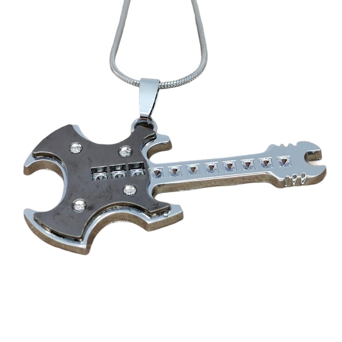 Gitaar hanger edelstaal met metallic zwart klankkast en strass steentjes.