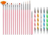 Evvie 20 delige nail art set - 15 nailart penselen en 5 dotting tools - Roze