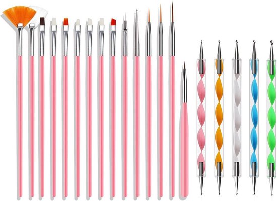 Evvie 20 delige nail art set – 15 nailart penselen en 5 dotting tools – roze