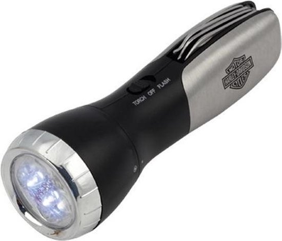 Zwarte en grijze multitool zaklamp met Harley-Davidson logo, aan/uit/flits knop.