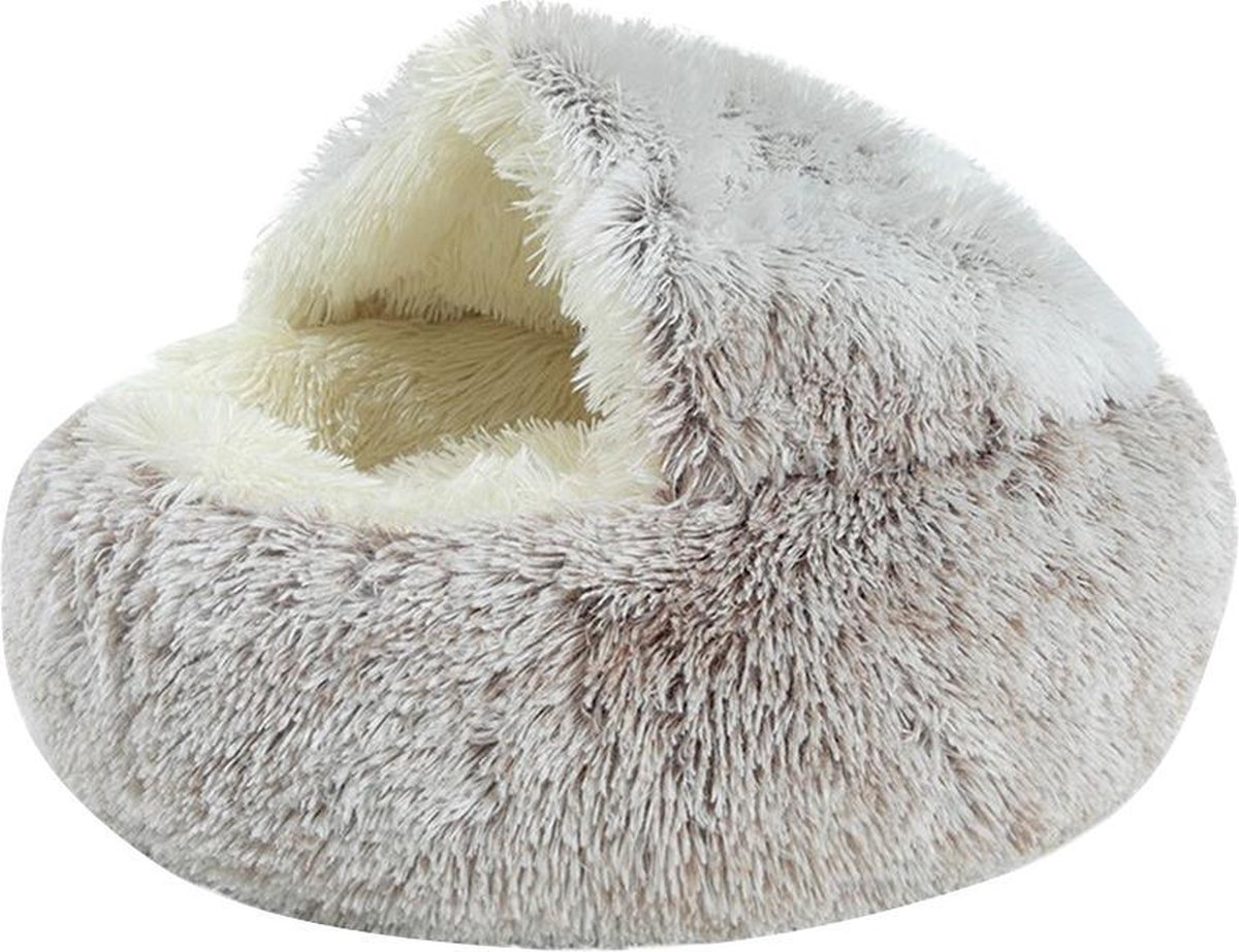 Pets Fortune - Donut Pluche Hondenmand - honden slaapbed - 50 cm - Bruin - Semi-Gesloten Hondenmand