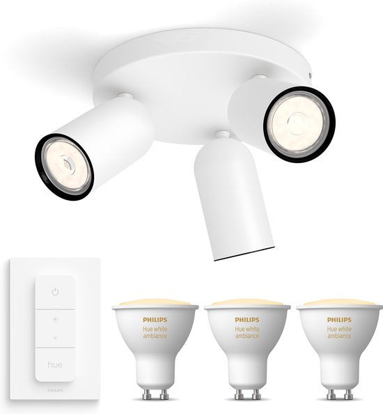 Philips myLiving Pongee Opbouwspot White Ambiance GU10 - 3 Hue Lampen en Dimmer Switch - Warm tot Koelwit Licht - Dimbare Plafondspots - Wit