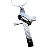 Edelstaal antraciet metallic kleur hanger kruis met Bijbelse tekst midden 1 ring in zilverkleur.