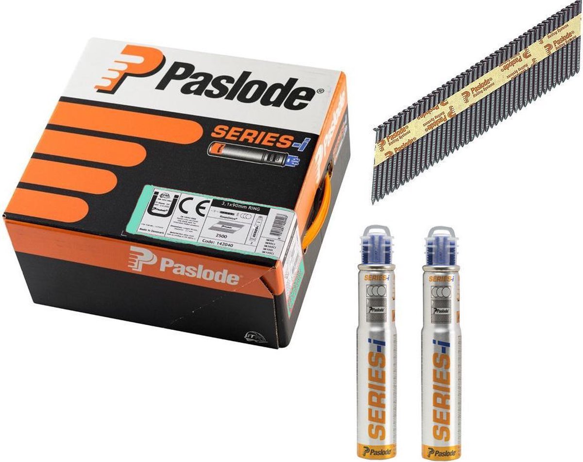 Paslode 141082 / 142036 Stripspijker geringd blank + gaspatronen - 3,1x90mm (2200st)