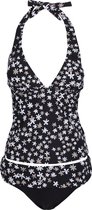 Tankini dames met striksluiting  in de nek Zwart met bloemen - XL ( Valt klein)