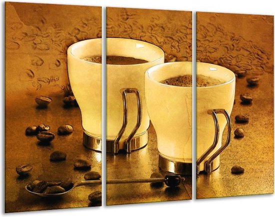 Glasschilderij Koffie - Bruin, Geel - 120x80cm 3Luik - Foto Op Glas - Geen Acrylglas Schilderij - GroepArt 6000+ Glas Art Collectie - Maatwerk Mogelijk