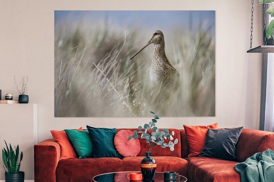Canvas schilderij 180x120 cm - Wanddecoratie Een watersnip tussen het hoge riet - Muurdecoratie woonkamer - Slaapkamer decoratie - Kamer accessoires - Schilderijen
