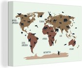 Canvas Wereldkaart - 60x40 - Wanddecoratie Wereldkaart Kinderen - Dieren - Bruin