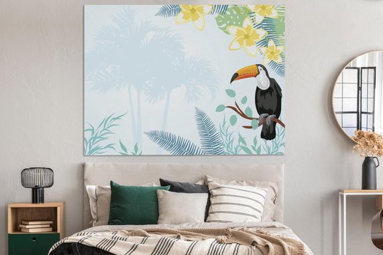Une illustration de plantes tropicales avec une toile toucan 160x120 cm - Tirage photo sur toile (Décoration murale salon / chambre) XXL / Groot format!