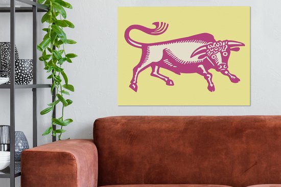Une illustration d'une toile de taureau rose 80x60 cm - Tirage photo sur toile (Décoration murale salon / chambre) / Peintures sur toile Animaux de la ferme