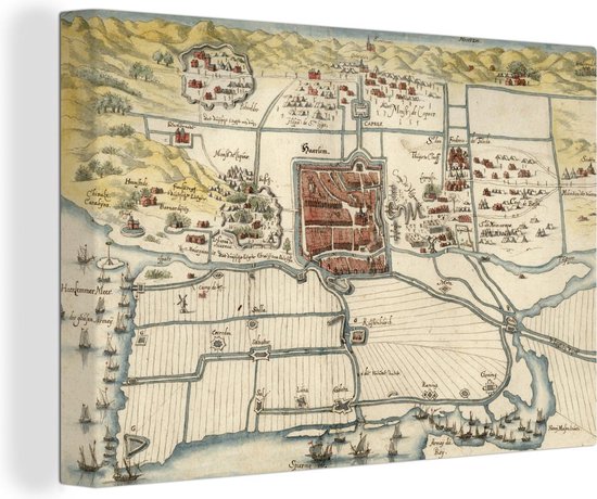 Plan de la ville historique de Haarlem sur toile - Carte 90x60 cm - Tirage photo sur toile (Décoration murale salon / chambre)