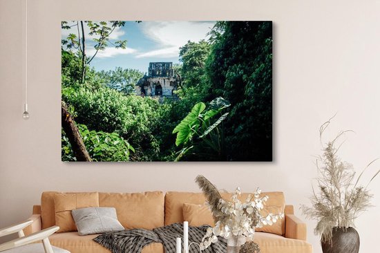 Jungle ruin in Palenque Mexico Canvas 180x120 cm - Tirage photo sur toile (Décoration murale salon / chambre) XXL / Groot format!