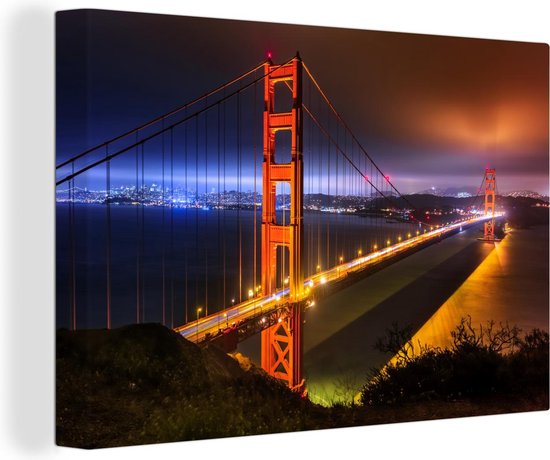 Canvas Schilderij De Golden Gate Bridge in de nacht verlicht - 60x40 cm - Wanddecoratie