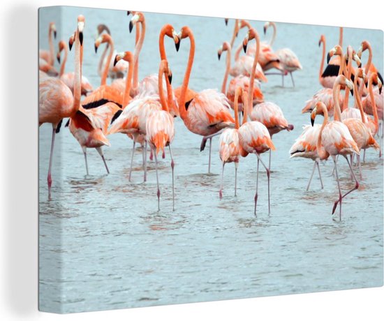 OneMillionCanvasses - Canvas - Water - Blauw - Roze - Flamingo - 180x120 - Schilderijen op canvas - Muurdecoratie