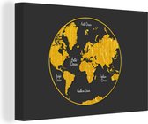 Canvas Wereldkaart - 150x100 - Wanddecoratie Wereldkaart - Cirkel - Goud